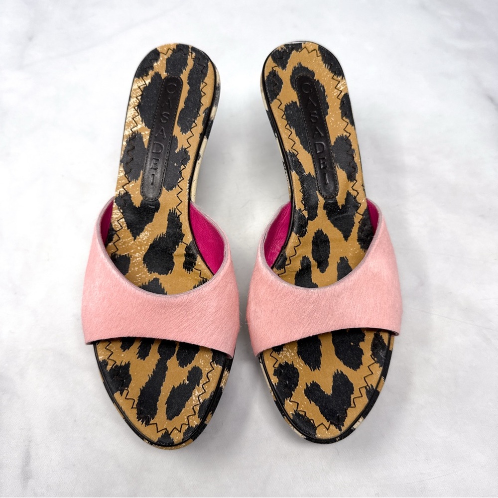 CASADEI Pink Calf Hair Leopard Print Denim Jean Mule Platform Wedge Sandals 6.5 - Picture 4 of 15